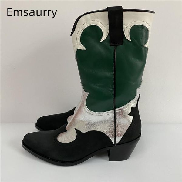 

women size 38 genuine leather mixed color boots point toe med thick heel patchwork autumn winter boots women, Black