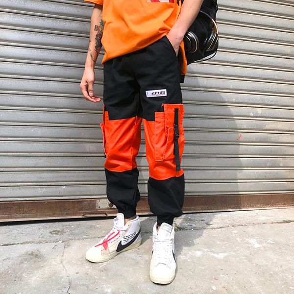 

2021 new arrival color patchwork safari style mulit-pockets fashionable men's jogger trousers hip hop autumn casual male pencil pants x, Black
