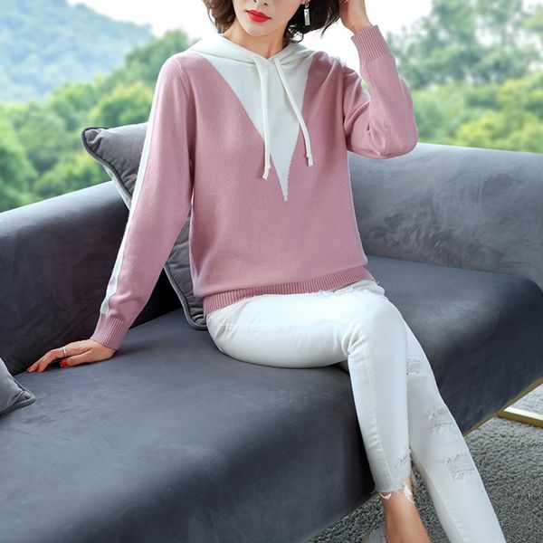 

color matching hooded autumn winter new women's pullover sweater pullover casual loose show thin bottom sweater trend g82sd, Black