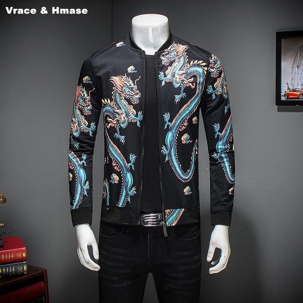 

men's jackets chinese style personalized 3d dragon pattern printing fashion slim jacket autumn 2021 quality big size coat men m-5xl, Black;brown