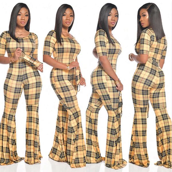 

tight women's autumn and mid winter sleeve plaid printed flared jumpsuit, Black;gray
