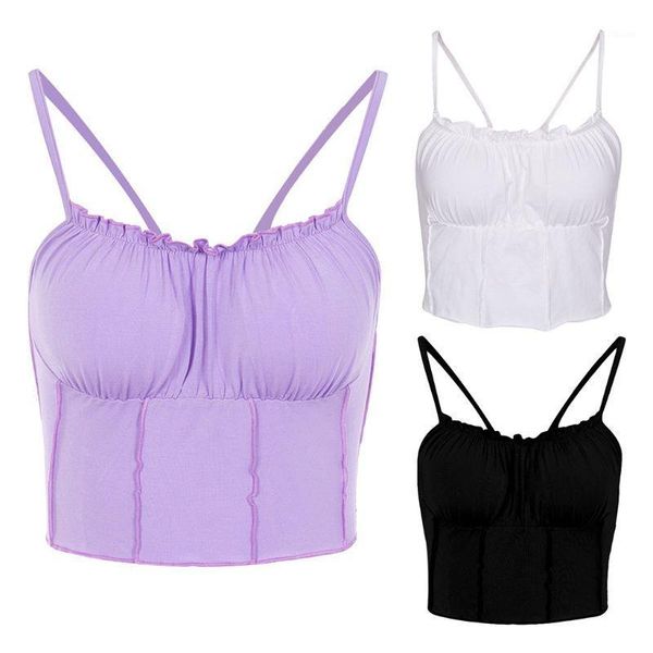 

women sleeveless ruffled solid color camisole ruched bust slim vest for girls women suspenders1, White