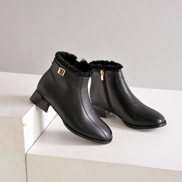 

winter special seller head mid-heel short boots layer imported cowhide high-quality luxury texture short boots, Black