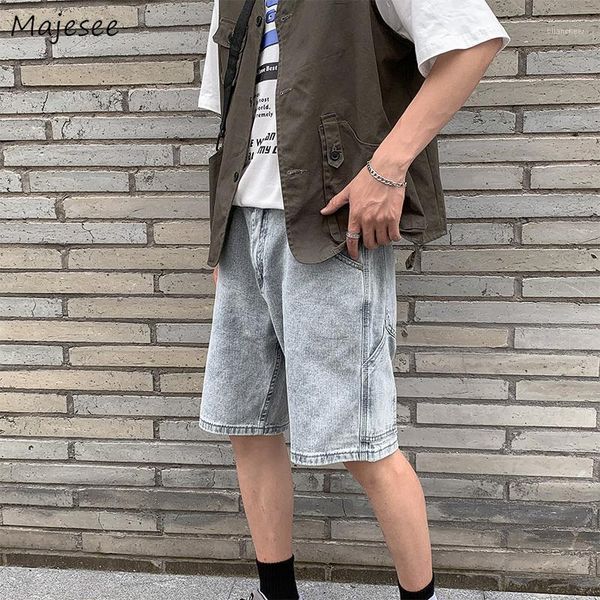 

men jeans knee length summer casual bottoms simple solid pockets button loose straight simple korean style all-match leisure1, Blue