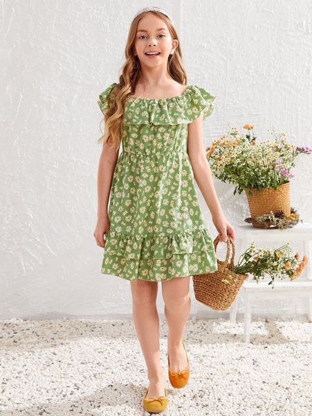 

girls allover floral print flounce hem dress she, Red;yellow