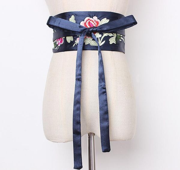 

women's runway fashion flower embroidery satin cummerbunds female dress corsets waistband belts decoration wide belt r1918, Black;brown