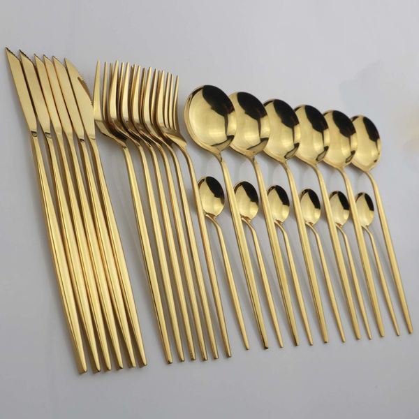 24 Adet Pembe Altın Yemek 18/10 Paslanmaz Çelik Çatal bıçakları Çatal Kaşık Yiyecek Mutfak Sofra Silverware Set 201128