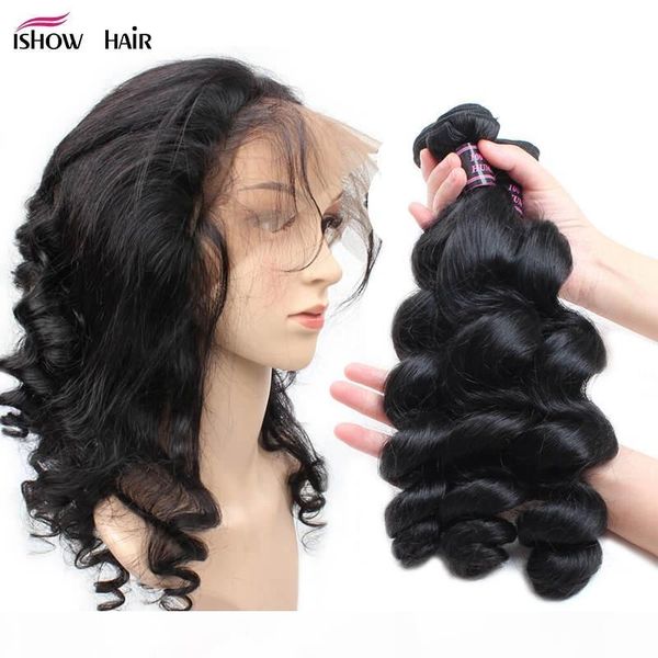 

wholesale 360 loose wave lace closure with 3bundles virgin hair extensions 8a peruvian brazilian hair indian virgin human hair, Black