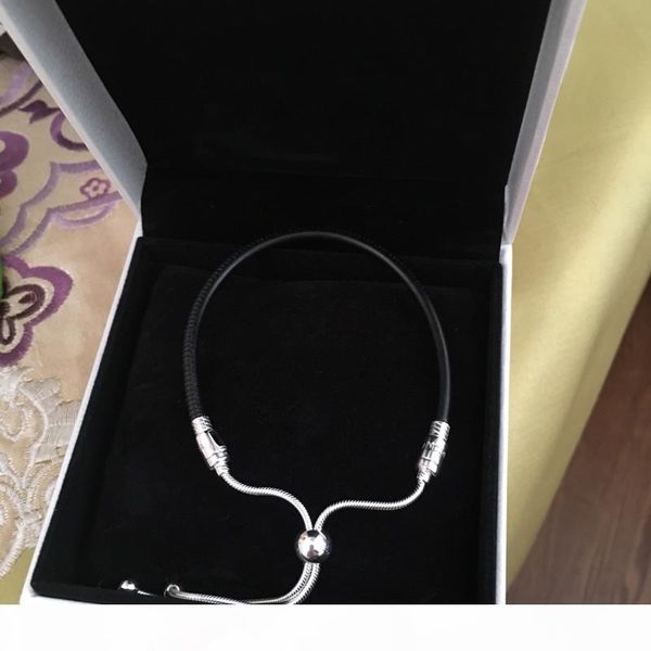 

new fashion women sliding black leather bracelet original box for pandora 925 sterling silver adjustable size bracelets, Golden;silver