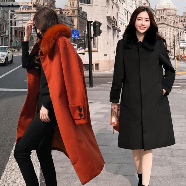 

new woollen overcoat women's autumn and winter mid long korean loose large mm fur collar tweed jacket h04, Black