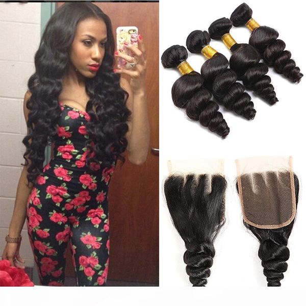 

peruvian loose wave with closure 4bundles with closure 9a peruvian human hair natural black loose wave curly with middle 3 part closure, Black;brown