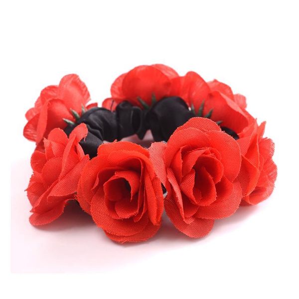 

big rose flower elastics hair holders rubber bands girls women cute tie gum fabric wreaths crowns wedding hair acc jllplk