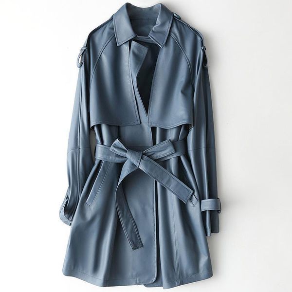 

fall leather coat spring sheepskin slim fashion jackets with sashes pockets genuine leather outwear real1, Black