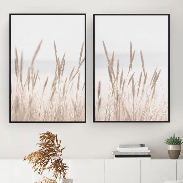 

minimalist beige art dried pampas grass beach coastal canvas posters and prints wall art pictures for modern home decoration