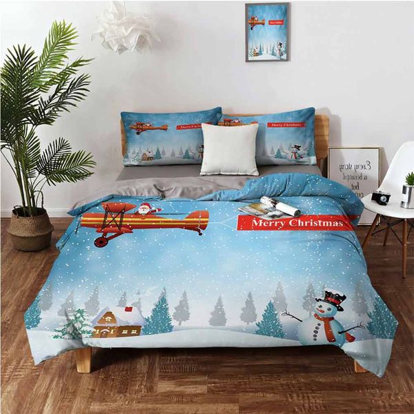 

santa in a plane flying over the forest with snowman jolly season celebrationbedding 3-piece set