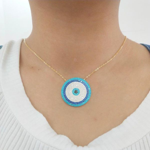 

gold silver color dainty disco necklace blue crystal lucky eyes turkey jewelry big round micro pave necklace girls charm jewely