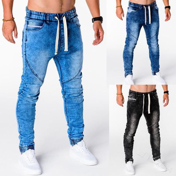 

men's jeans wepbel fashion casual solid color pants denim trousers high waist elastic ankle length, Blue