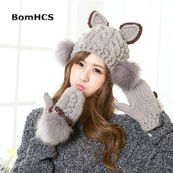 

bomhcs women warm knitted hat+ gloves devil cat ear horns winter cap bobble fur head beanie mittens