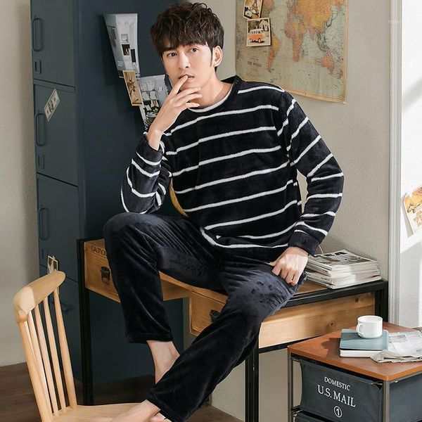 

coral velvet pajama men's winter plus thick frankinclyced long-sleeved set warm home suit two-piece set.1, Black;brown