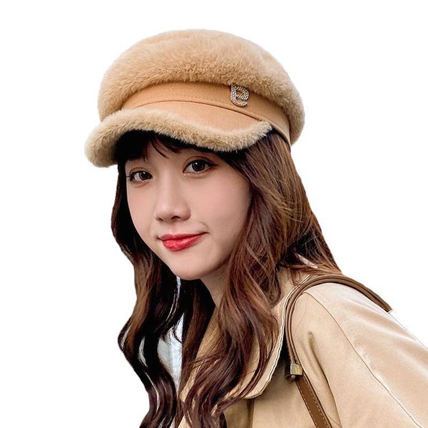

stingy brim hats women octagonal cap europe and america retro casual berets autumn winter femme faux fur plush sboy painter caps, Blue;gray