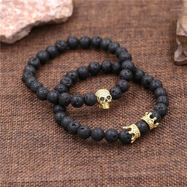 

pave cz skull & crown charm bracelets sets 2pcs/set elastic black lava beads skeleton men bracelets sets male hand1, Golden;silver
