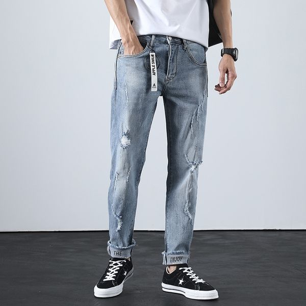 

zm5m1 jeans korean trendy brand youth hole ankle trousers and trouserslength fit 2020 autumn new men's style slim pants men's ankl, Blue