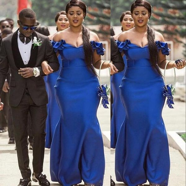 

royal blue bridesmaid dresses satin off the shoulder ruffles pleats floor length mermaid plus size maid of honor gown country wedding party, White;pink
