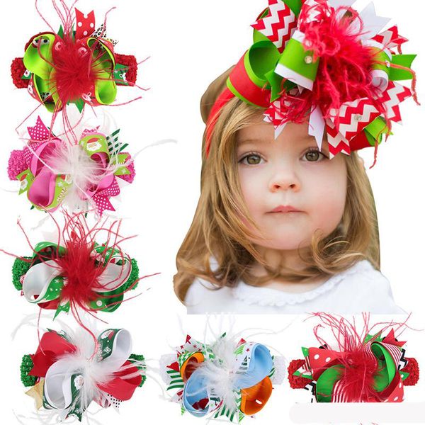 Feder Weihnachten Baby Stirnbänder Haarspangen Bänder Haare Bögen Punkte gestreift Schneeflocke Mädchen Clips Haar Prinzessin gestrickte Accessoires