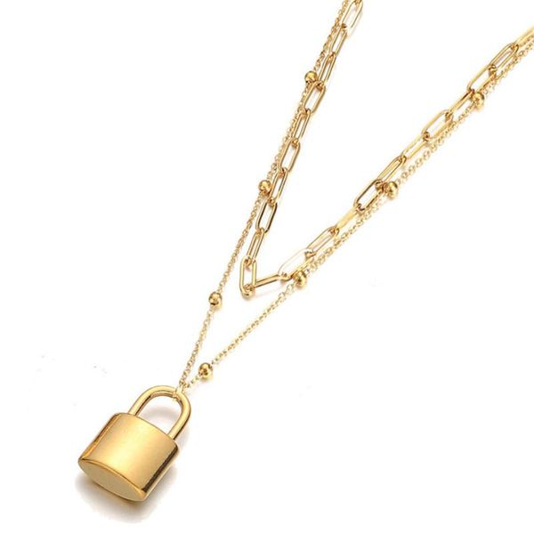 

chokers 2021 fashion punk multilayer chains gold color stainless steel padlock pendant choker necklaces for women collar jewlery, Golden;silver