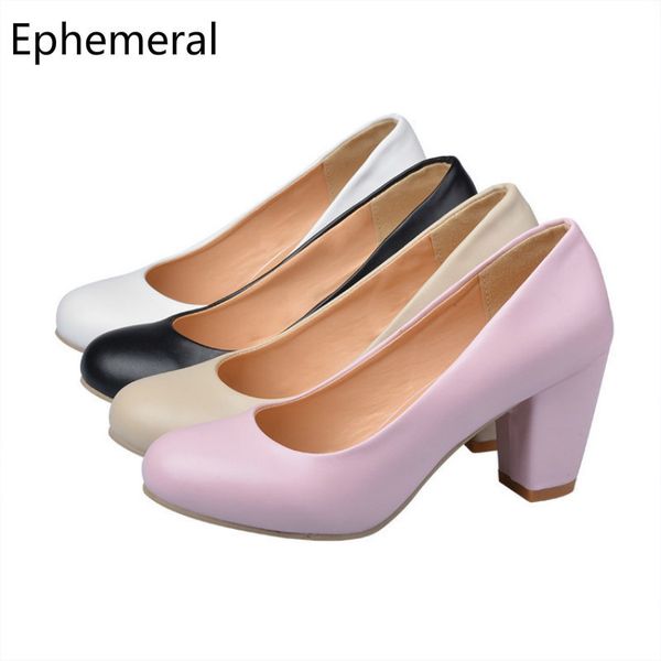 

lady plus size 3-16 solid color round toe square heel plus size high heels pumps party nigh club shoes women slip-ons black red lj200928
