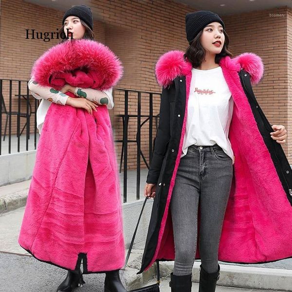 

snow wear long parkas winter jacket women fur hooded clothing female fur lining thick winter coat women1, Black