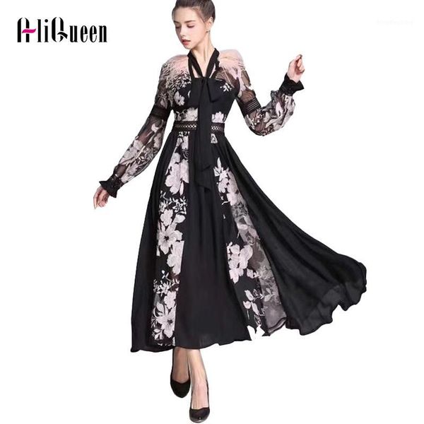 

runway women feather stitching embroidery fairy long dress elegant female see through mesh lantern sleeve bow neck party dresses1, Black;gray
