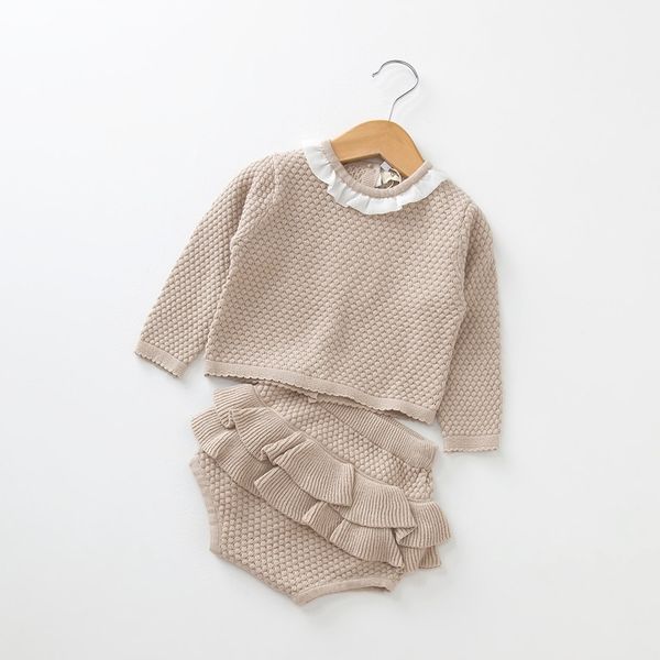 

new infant baby girls autumn knitted sweater clothing set long sleeve jumper+ruffles shorts children suit lj201223, White