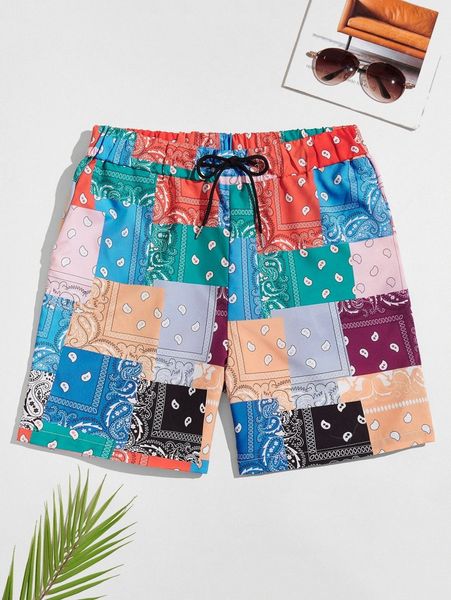 

men paisley print drawstring waist shorts r25b#, Black