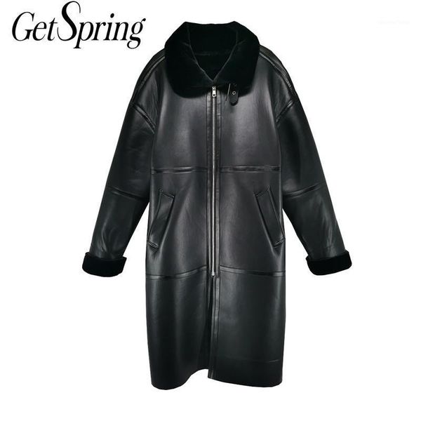 

getspring women coat thickened women winter coat long sleeve long overcoat faux fur leather 2020 loose casual warm jacket1, Black