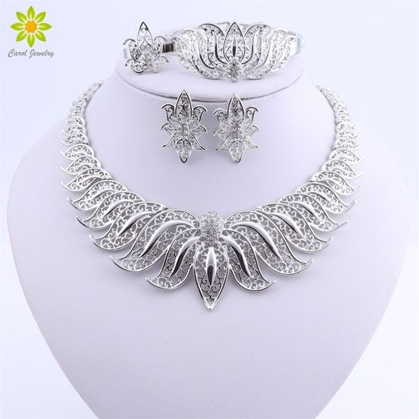 

african beads silver plated wedding sets for brides crystal necklace earrings costume jewelry set 201222, Slivery;crystal