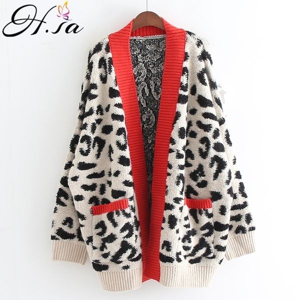 H.SA Mulheres Moda Longa Camisola e Cardigans Abrir Ponto Leopardo Casual Cardigans Vermelho e Amarelo Oversized Knit Jacket Casaco Out 201120