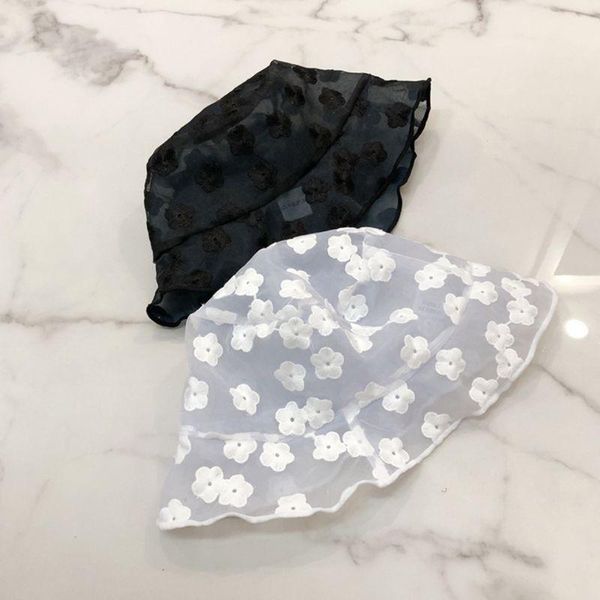 

korean women sheer lace bucket hat floral embroidery ruffles sun protection solid color foldable fisherman cap, Blue;gray