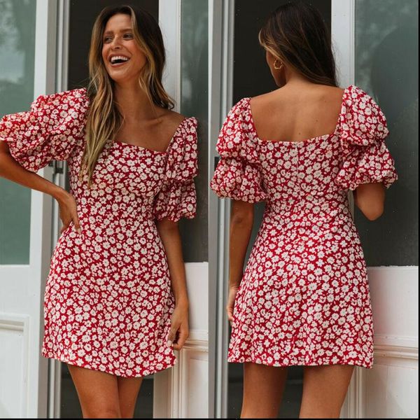 

red floral dress women short puff sleeve boho mini dress summer casual party beach sundress, Black;gray