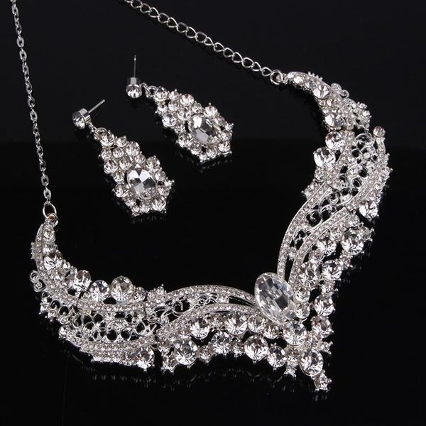 

rhinestone necklace earrings crystal jewelry set bridal elegant fashion chic collar party jewelry gift, Silver
