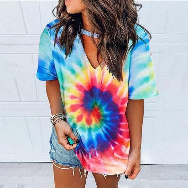 

us stock t-shirt tie dye tee women summer short sleeve harajuku camiseta mujer tee shirt femme streetwear v-neck, Black;blue