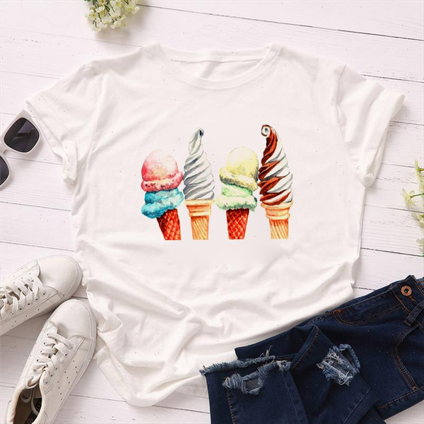 

2021 summer women short sleeve casual white polyester t shirts icecream print lovely harajuku woman tshirts dropshopping