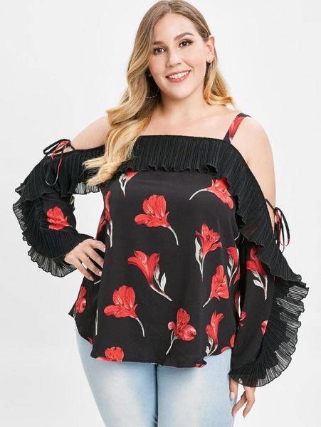 

women's blouses & shirts wipalo women plus size cold shoulder ruffled floral blouse spaghetti strap long sleeves casual shirt spring la, White