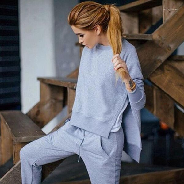 

autumn tracksuit long sleeve slit solid sweatshirts casual suit women clothing 2 piece set +pants sporting suit female1, Gray