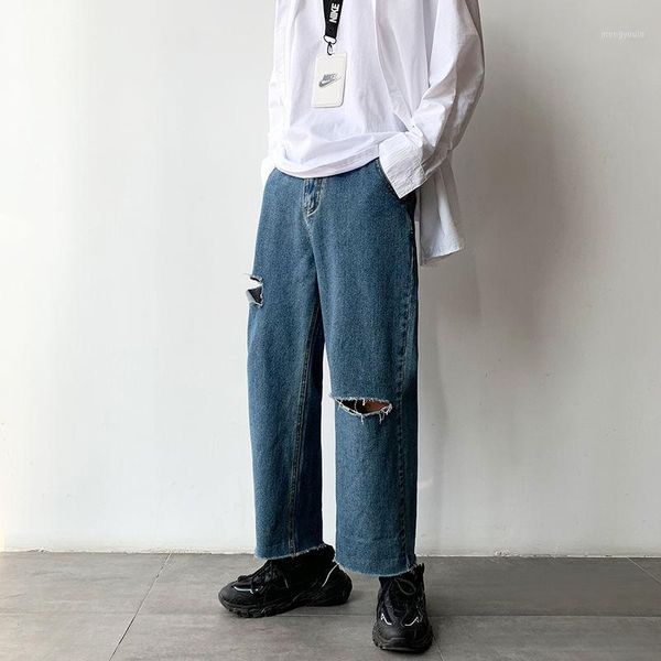 

ripped straight jeans men's fashion casual retro hole jeans trousers men streetwear wild loose hip hop denim pants mens -2xl1, Blue