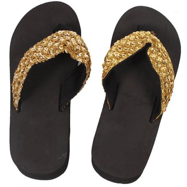 

ladies girls sequin flatform wedge flip flops shoes beach sandals comfortable black fashion female slipper1