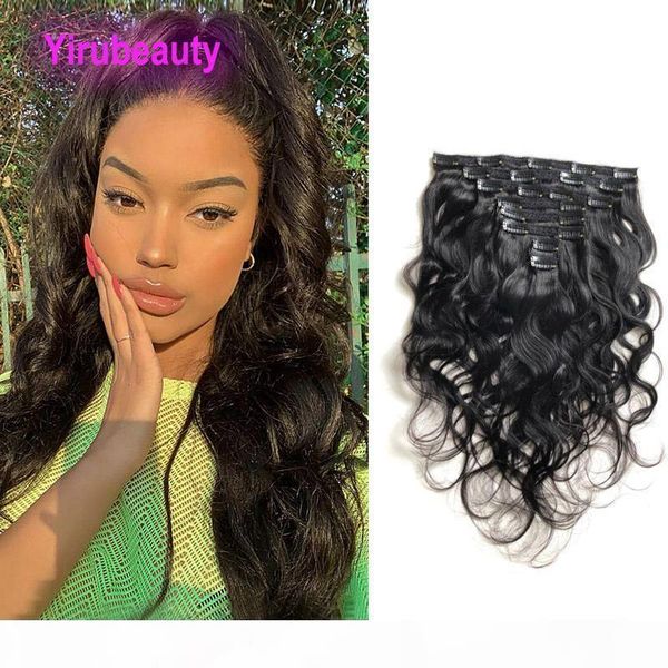 

clips on hair extensions 120g body wave peruvian virgin hair natural color yirubeauty 100% human hair 8pieces set clip-in 8-26inch, Black;brown