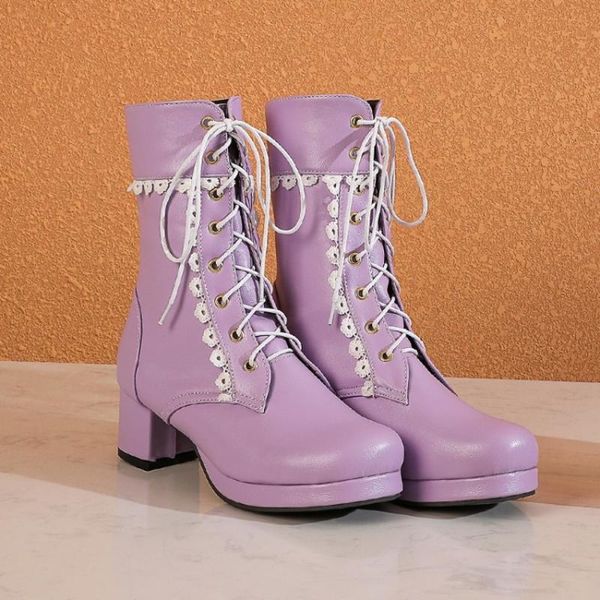 

us4-12 womens lace lolita ankle boots bowtie lace up block high heel platform mary janes cosplay shoes plus size candy colors, Black