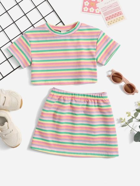 

baby colorful striped tee & skirt she, White