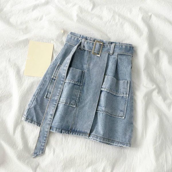 

summer new fashion pocket jeans skirt women high waist denim skirts female casual a-line mini saia jeans blue white1, Black